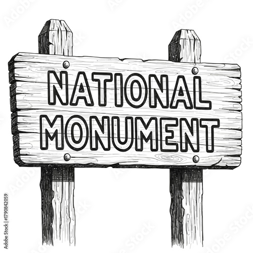 Hand-drawn Style National Monument Wooden Sign Illustration on White