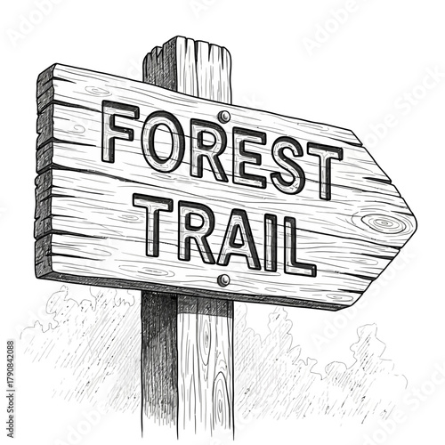 Hand-drawn wooden forest trail sign, nature path indication marker