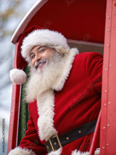 Photorealistic Santa Claus smiling joyfully from festive red holiday sleigh, spreading cheer and warmth during season