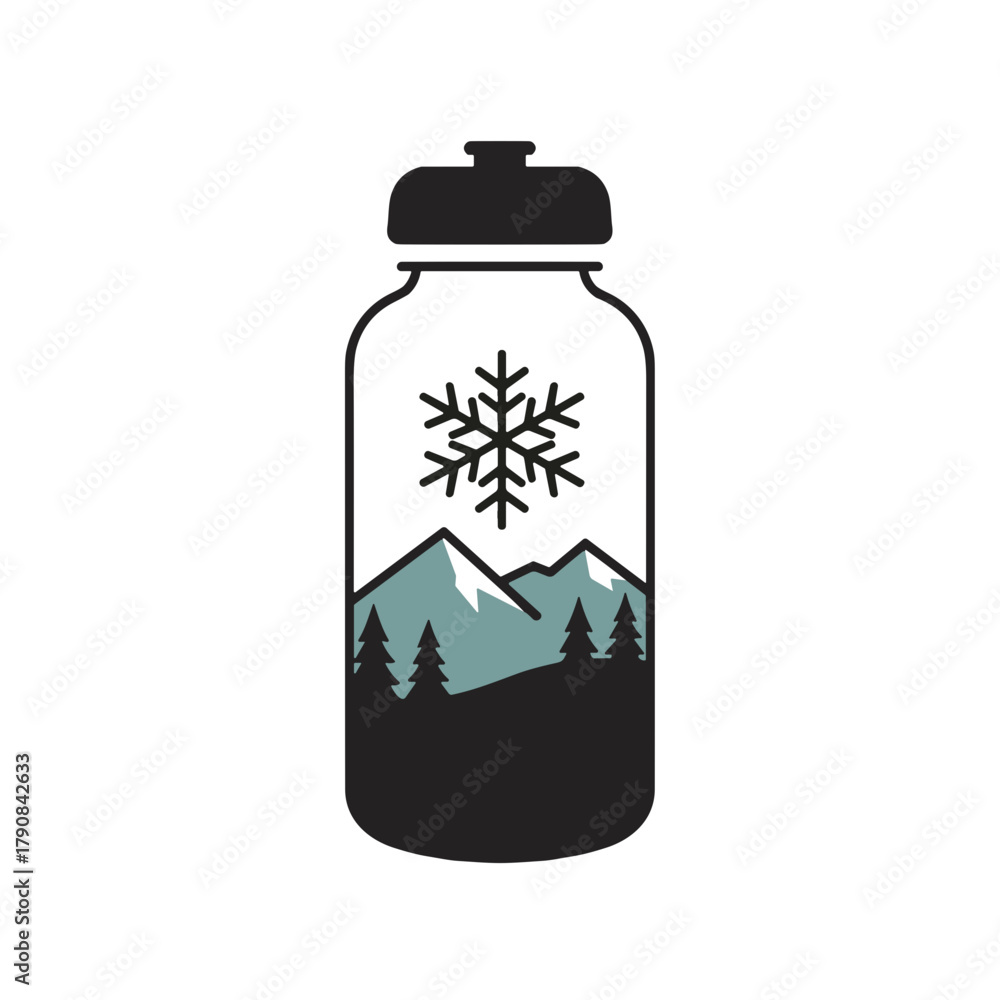 Fototapeta premium Illustration of water bottle featuring snowflake and mountain design for national park Christmas merchandise on white background copy space