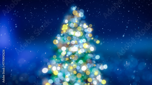 Blurred Christmas tree with glowing colorful bokeh light bulbs and ornaments background, blue holiday greeting card , festive New Year winter snow fall backdrop illustration