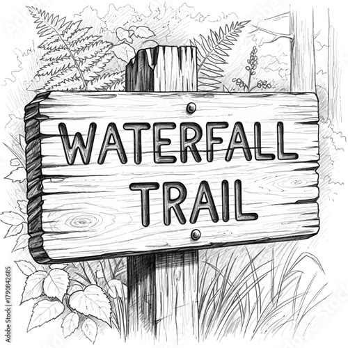 Rustic Wooden Waterfall Trail Sign Amidst Forest Foliage Illustration