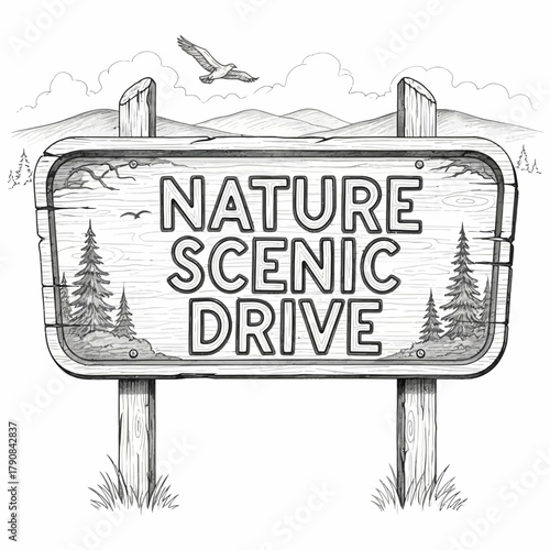 Sketch of a wooden sign indicating nature's scenic drive through the landscape