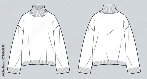 Turtleneck Sweater fashion flat sketch. Long Sleeve knit Top fashion flat technical drawing template, front and back view, white, oversize, women, men, unisex CAD mockup.
