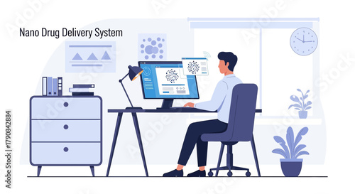Illustration showcasing nano drug delivery system research and development at workplace