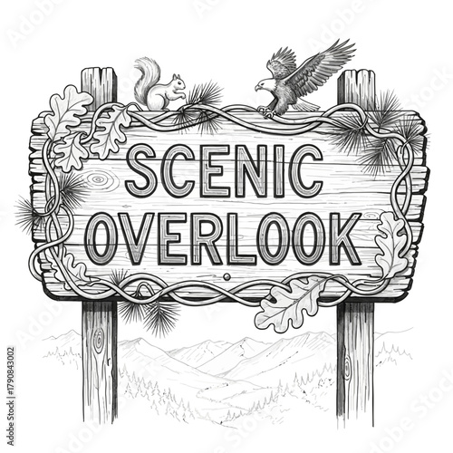 Stylized Scenic Overlook Sign Illustration with Wildlife and Mountains