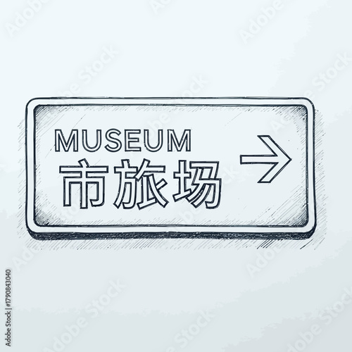 Unique hand-drawn museum direction sign with Chinese translation illustration