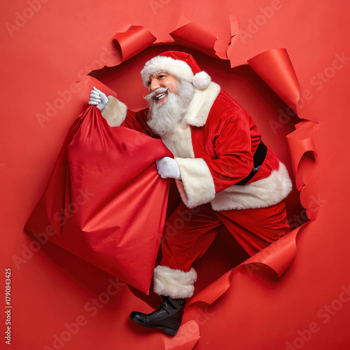 Santa Claus breaking through red paper background, spreading joy and excitement for Christmas celebrations