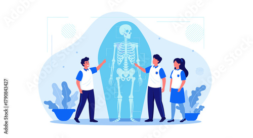 Illustrative scene showcasing human anatomy and medical education with students
