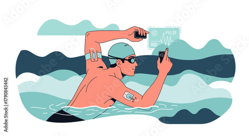 Illustrative swimmer monitors vitals with wearable tech for peak athletic performance
