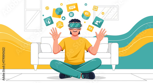 Immersive Virtual Reality Experience: Man Exploring Metaverse Applications at Home Comfortably