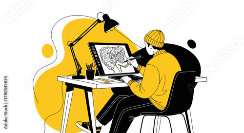 Illustrator creating detailed anatomical drawing of human intestine on digital tablet