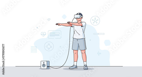 Immersive Virtual Reality Fitness: Young man exercising with VR headset for interactive training