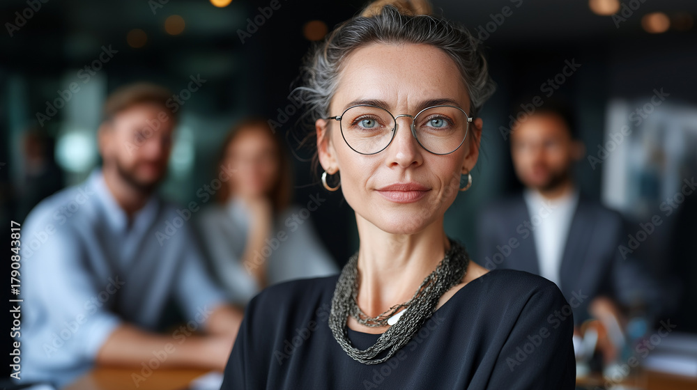 Fototapeta premium Portrait of confident businesswoman standing in conference room with hands in pockets during meeting, leadership and authority, with copy space