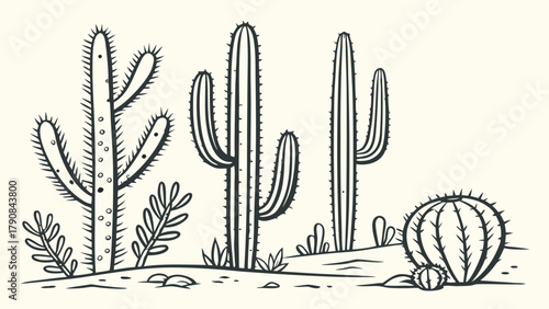 Black and White Outline Drawing of Desert Cacti and Succulent Plants. Minimalist Botanical Illustration for Web Design, Education, and Nature Content.