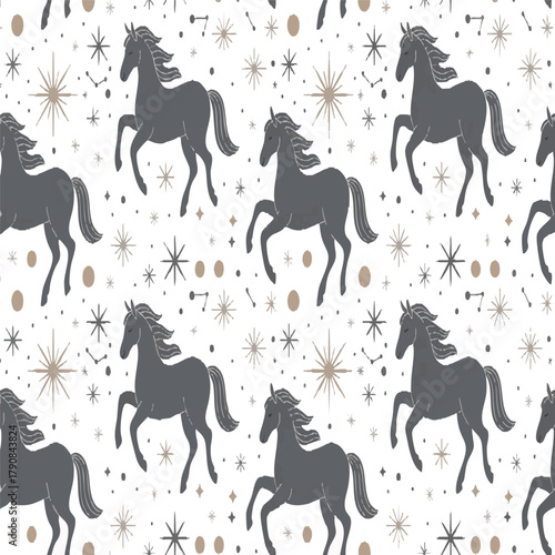Cute seamless pattern with grey horses and stars in boho style. Pajamas and T-shirt design. Vector illustration zodiac animals on white background




