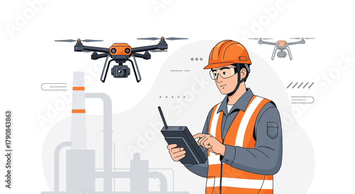 Industrial worker operating drones for inspection near factory or power plant illustration