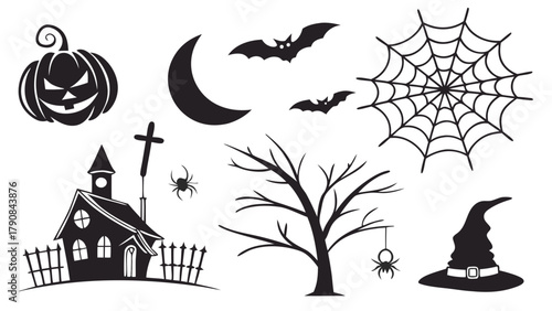 Halloween Spooky Silhouette Vector Collection with Jack O Lantern Bats Spiderweb Haunted House Tree and Witch Hat for Festive Party Decorations Web Design and Printables