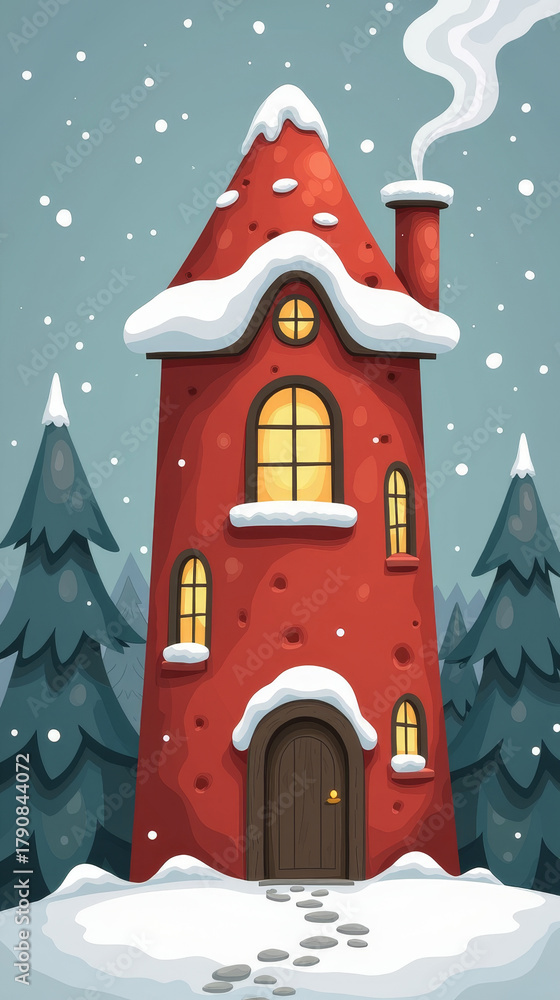 Naklejka premium Tall red gnome tower house with snowy roof, round glowing windows and chimney smoke, surrounded by snow and pine trees, minimal cozy fantasy Christmas illustration