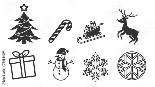 Classic Minimalist Christmas Holiday Icons Set Black White Vector Festive Winter Symbols for Web Design Marketing Social Media