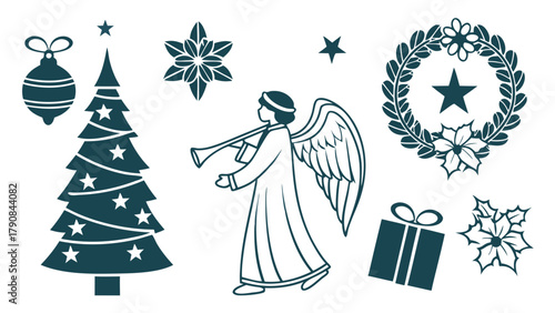 Christmas Holiday Vector Icons Set Festive Decorations Angel Tree Wreath Gift for Greeting Cards Invitations Web Design and Craft Projects Traditional Winter Elements