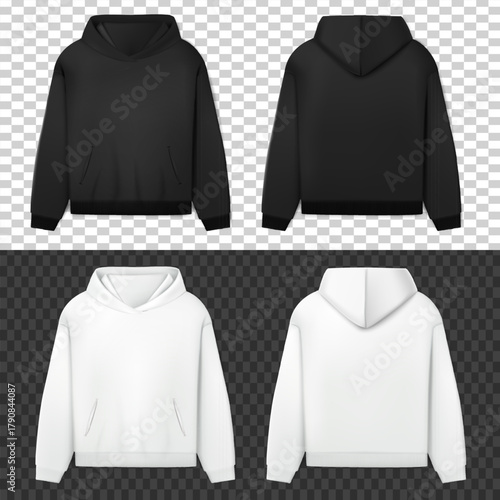 Blank black and white hoodie front and back vector mockup set