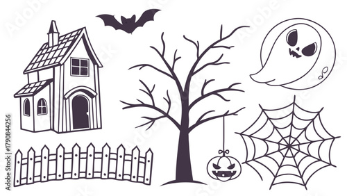 Spooky Halloween Cartoon Elements Set Haunted House Bat Ghost Jack O Lantern Spiderweb Tree for Kids Party Invitations Web Design Decorations