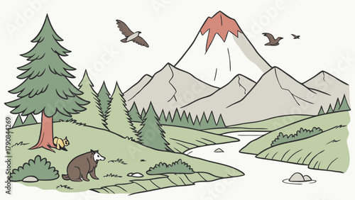 Peaceful Mountain Landscape with River Forest Trees Bear Fox and Flying Eagles Illustration for Nature Travel and Environmental Design