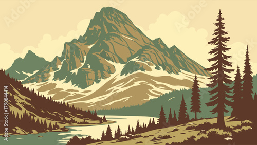 Vintage Graphic Mountain Landscape Vector with Snow Peaks, Pine Trees, Lake. Travel, Tourism, Outdoor Adventure, Nature Design.