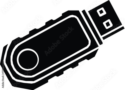 Simple black silhouette of a usb flash drive on a white background representing digital storage and data transfer technology.