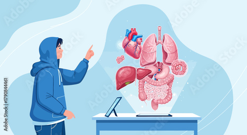 Interactive anatomical learning: A student engaging with a digital human organ model for