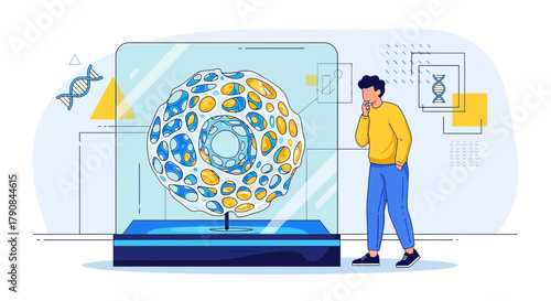 Man contemplates a biological model on display in a futuristic setting illustration
