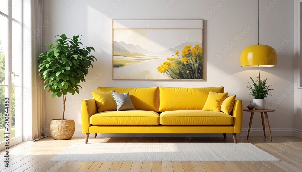 Fototapeta premium Modern Living Room with Yellow Sofa Framed Art and Natural Light in Cozy Interior Design