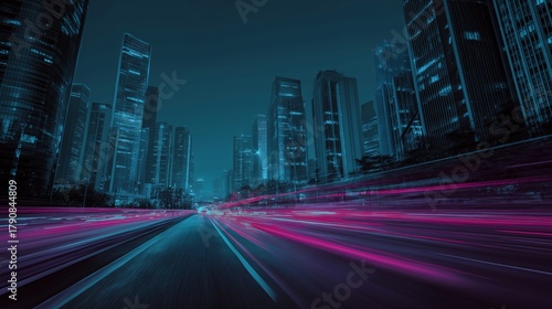 Futuristic cityscape with tall skyscrapers, glowing lights, and dynamic motion blur of neon pink and blue data streams, representing predictive analytics and digital transformation