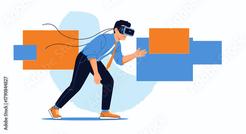 Man immersed in virtual reality using headset exploring digital landscapes and interacting with