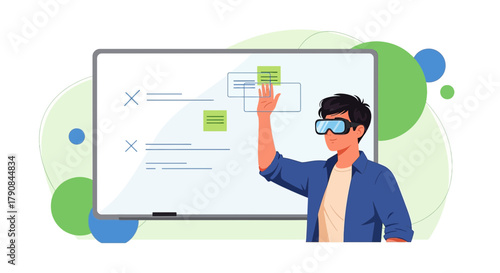 Man interacting with virtual elements on whiteboard using augmented reality headset modern tech