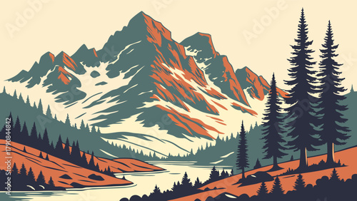 Mountain Landscape with Pine Forest and Lake Retro Flat Design Illustration for Outdoor Travel Web Design and Nature Tourism Marketing