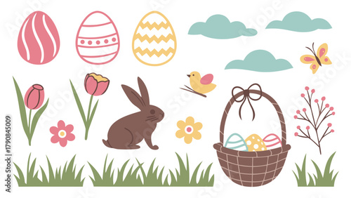 Cute Easter Spring Holiday Elements Collection with Bunny Eggs Basket Flowers Grass for Kids Marketing, Greeting Cards, and Web Design