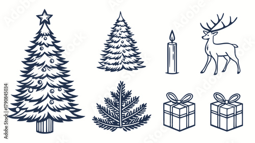 Christmas Holiday Line Art Icons Set with Festive Trees Reindeer Candle Gifts for Seasonal Marketing Web Design and Celebrations