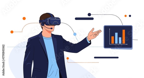 Man using VR headset with financial data visualization, new digital technology concept