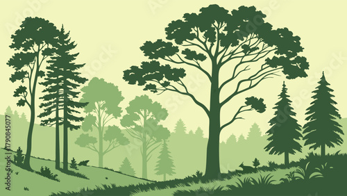 Green Forest Landscape Illustration with Diverse Trees and Wildlife. Peaceful Woodland Scenery for Eco-friendly Design and Nature Conservation Projects.