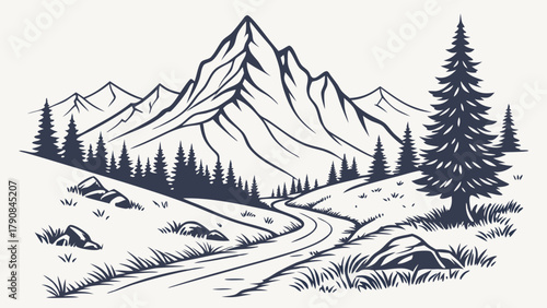 Majestic Mountain Landscape Line Art with Winding Road and Pine Forest for Outdoor Adventure Travel Branding and Wilderness Exploration Journey