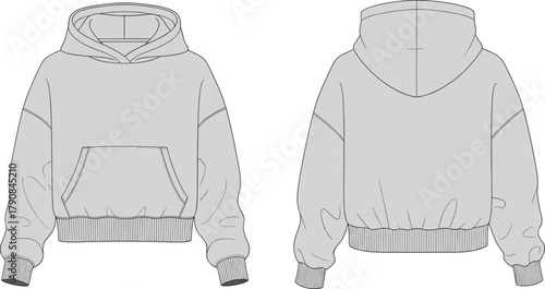 Cad drawing flat vector, technical hoodie sketch, fashion design template, apparel illustration, sweatshirt front back view, clothing mockup design