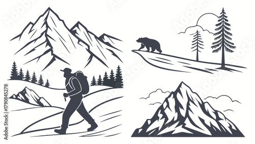 Wilderness Adventure Vector Set Mountains Hiker Bear Pine Trees for Outdoor Travel and Nature Design