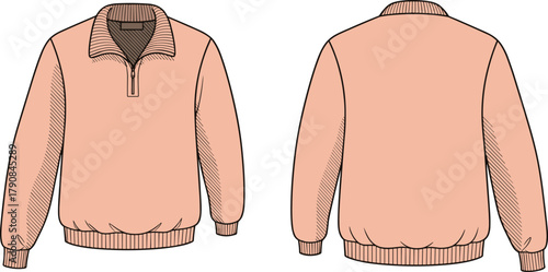 Cad drawing flat vector, technical fashion illustration, peach pullover sweatshirt half zip front, ribbed collar cuffs hem, apparel design template