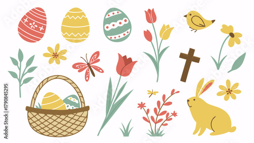 Cheerful Easter Spring Christian Holiday Vector Elements Set with Bunny Eggs Flowers Cross and Basket for Festive Design