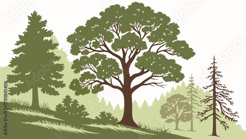 Serene Forest Landscape Illustration with Green Trees and Woodland Silhouettes for Nature Conservation, Eco-Friendly Design, and Outdoor Branding