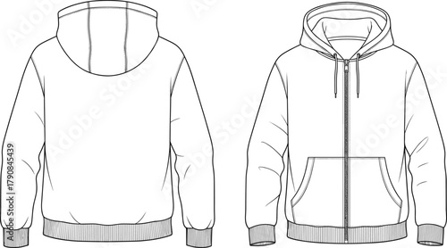 Cad drawing flat vector, technical hoodie front back view, fashion design template, zip up sweatshirt, garment manufacturing sketch