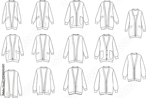 Cad drawing flat vector, technical cardigan fashion sketches, garment construction, sleeve styles, pocket placement, open front, button closure