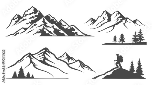 Mountain and Hiking Silhouette Vector Set for Outdoor Adventure, Travel Marketing, Web Design, Nature Exploration Graphics, and Wilderness Logos.